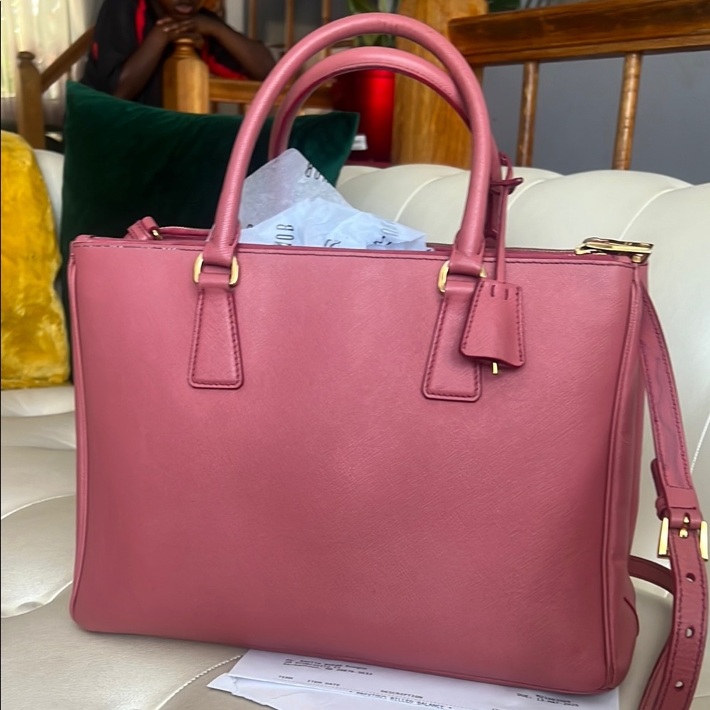 Prada Pink Saffiano Leather Satchel with Gold Accents - Picture 2 of 9
